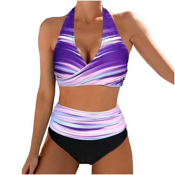 ZQGJB Women's 2 Piece Colorblock Swimsuit Summer High Waisted Wrap Spaghetti Strap Front Tie Knot V Neck Bathing Suit Beach Bikini Set(Purple,M)