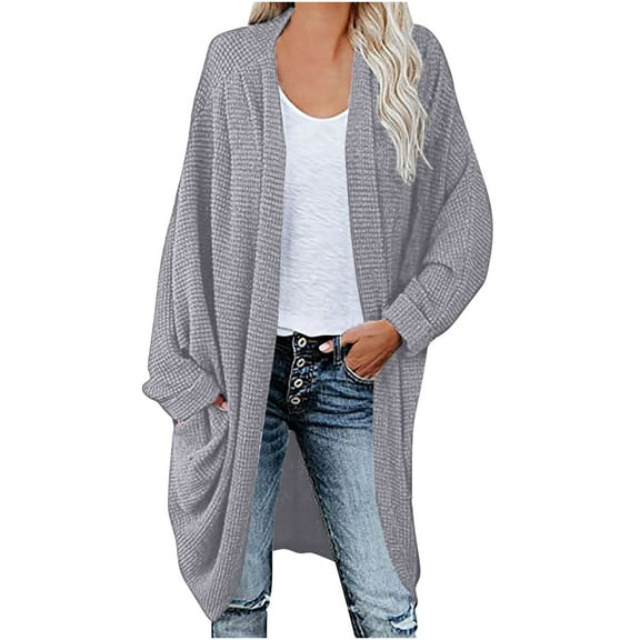 ZQGJB Women's 2023 Fall Cable Knit Long Cardigan Sweaters Casual Solid Color Long Sleeve Open Front Loose Outerwear Coats with Pockets Gray XL
