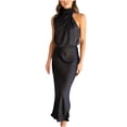 thumbnail image 1 of ZQGJB Women's 2023 Summer Satin Dress Elegant Wedding Guest Dress Loose Casual Solid Color Sleeveless Mock Neck Cocktail Party Maxi Dresses Black L, 1 of 8