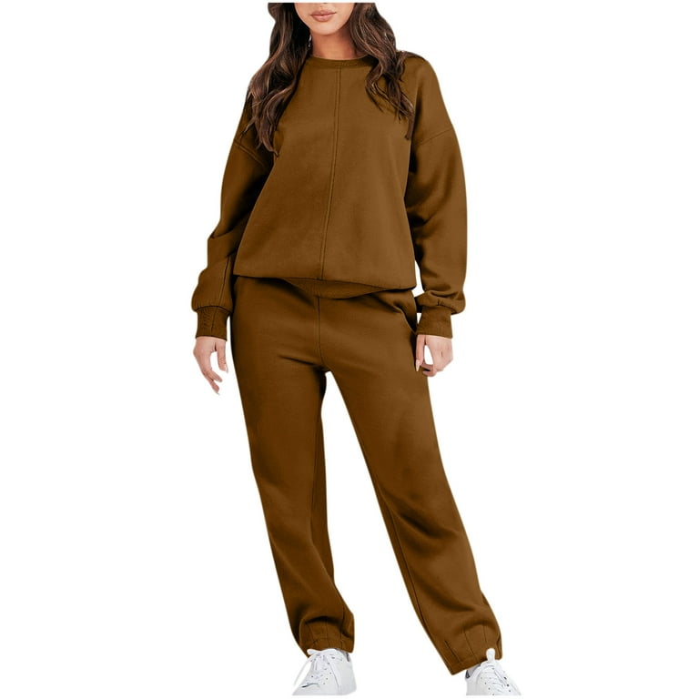 ZQGJB Women's 2023 Two Piece Sweatsuit Outfits Casual Long Sleeve Crewneck  Pullover Sweatshirt Top and Sweatpants Matching Tracksuit Jogger Set Brown