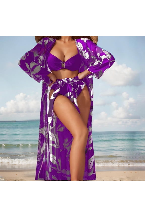 Women's 3 Piece Swimsuit Tropical Push Up High Waisted Bikini with Kimono Cover Up Sexy Tummy Control Beach Bathing Suit(Purple,L)