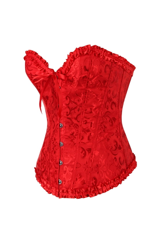 Women's Beautiful Floral Lace Up Boned Overbust Corset Bustier Plus Size Vintage Front Bowknot Sexy Slimming Lingerie Bodyshaper Top Red S