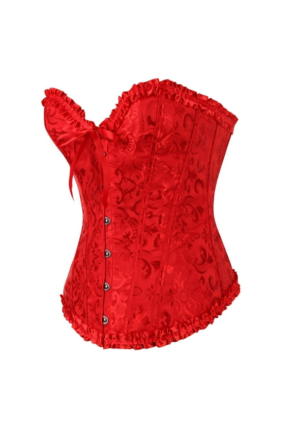 Women's Beautiful Floral Lace Up Boned Overbust Corset Bustier Plus Size Vintage Front Bowknot Sexy Slimming Lingerie Bodyshaper Top Red XL