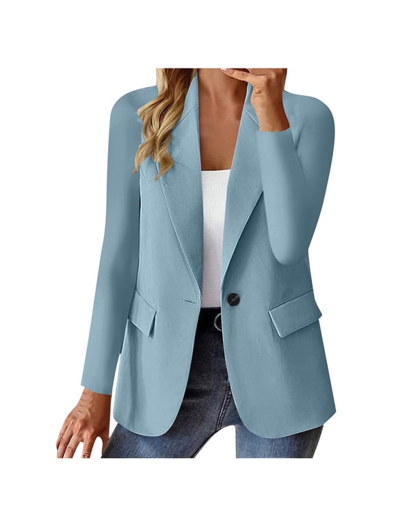Women's Blazer Business Casual Lightweight Suit - Single Breasted Long Sleeve Slim Fit Work Office Jacket with Pockets Z-Light Blue XL
