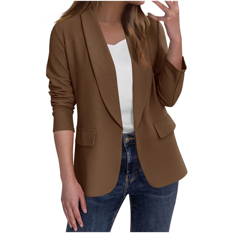 ZQGJB Women's Blazer Business Lightweight Fall Casual Notch Lapel Collar Long Sleeve Open Front Work Office Suit Jacket Blazer Brown L