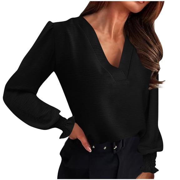 ZQGJB Women's Business Casual Tops Elegant V Neck Puff Long Sleeve Shirts Dressy Solid Color Office Work Blouse 2025 Fall Outfits Clothes Black S