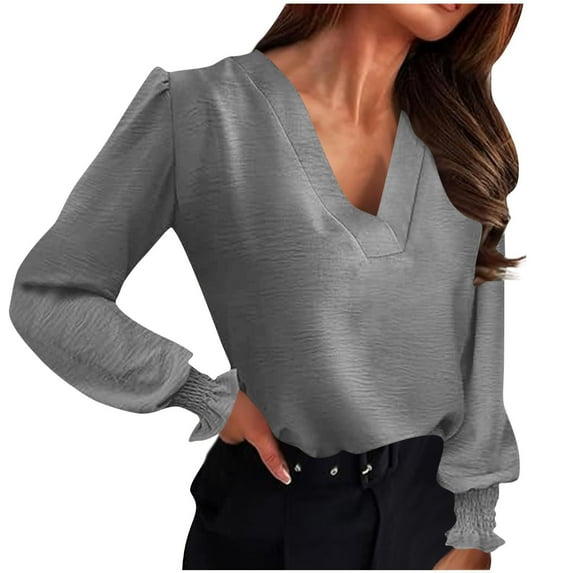 ZQGJB Women's Business Casual Tops Elegant V Neck Puff Long Sleeve Shirts Dressy Solid Color Office Work Blouse 2025 Fall Outfits Clothes Gray XL
