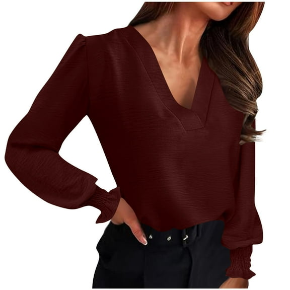 ZQGJB Women's Business Casual Tops Elegant V Neck Puff Long Sleeve Shirts Dressy Solid Color Office Work Blouse 2025 Fall Outfits Clothes Wine M