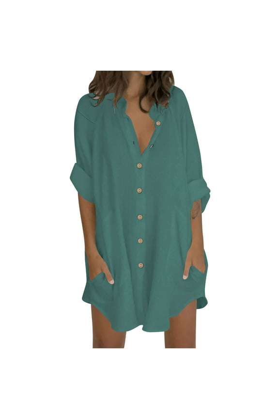 Women's Button Down Linen Cotton Shirt Dress 3/4 Sleeve Casual Loose Summer Beach Vacation Midi Dress Shirts with Pocket Bronze S