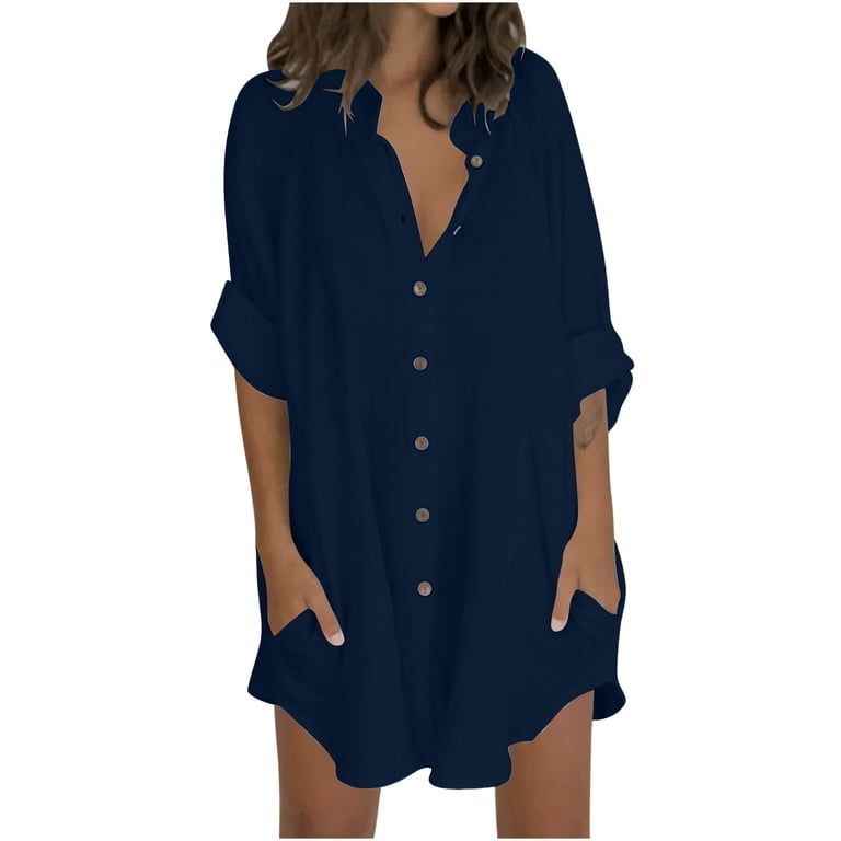 ZQGJB Women's Button Down Linen Cotton Shirt Dress 3/4 Sleeve Casual Loose  Summer Beach Vacation Midi Dress Shirts with Pocket Navy M - Walmart.com