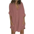 thumbnail image 1 of ZQGJB Women's Button Down Linen Cotton Shirt Dress 3/4 Sleeve Casual Loose Summer Beach Vacation Midi Dress Shirts with Pocket Pink#01 XL, 1 of 5