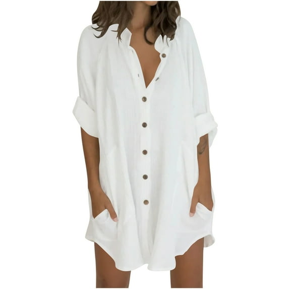 ZQGJB Women's Button Down Linen Cotton Shirt Dress 3/4 Sleeve Casual Loose Summer Beach Vacation Midi Dress Shirts with Pocket White L