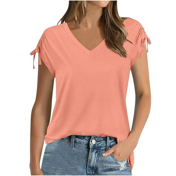 ZQGJB Women's Cap Short Sleeve Tops Drawstrings Summer Trendy 2024 V Neck Cami T Shirts Fashion Solid Color Workout Tees Shirt Tunic Blouse Pink XXL