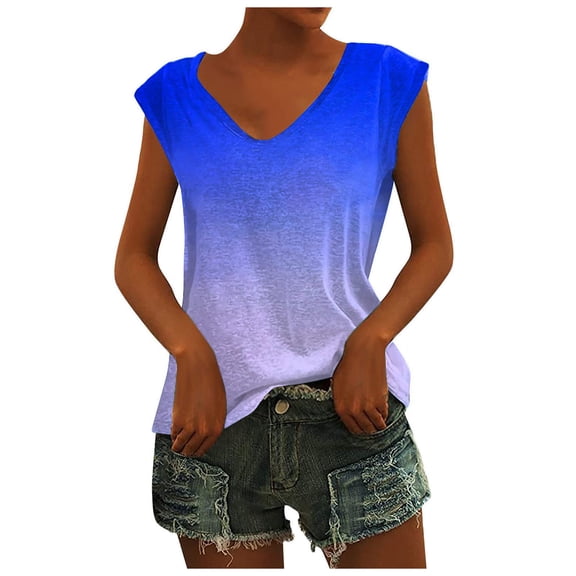 ZQGJB Women's Cap Sleeve Tank Tops Trendy U Neck Tie Dye Gradient Print Summer Casual Shirts Loose Relaxed Fit Basic Workout Tees Blouse Blue L