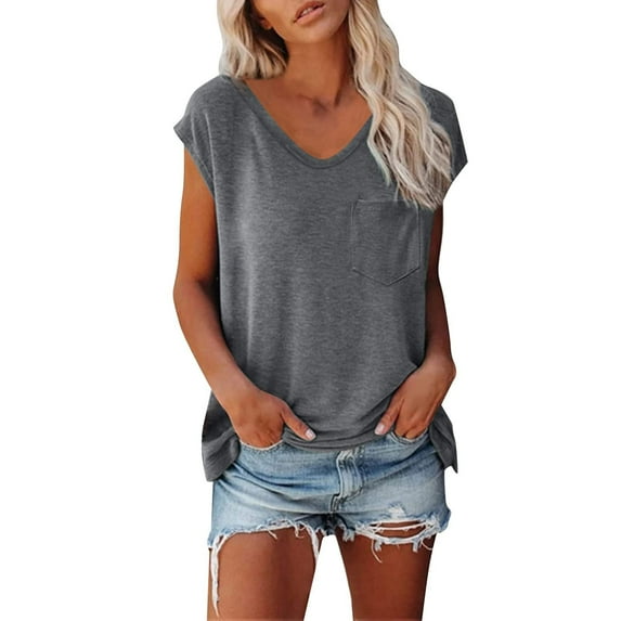 ZQGJB Women's Casual Cap Sleeve T Shirts Cute Summer Tops Basic Solid Color Athletic Workout Tees Shirt Loose Fit Dressy Tunic Blouse with Pockets Dark Gray XL