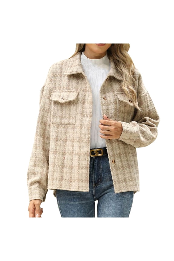 Women's Casual Plaid Tweed Jacket Open Front Button Up Long Sleeve Cute Chic Style Hem Slit Loose Outwear Coat with Pockets Khaki S