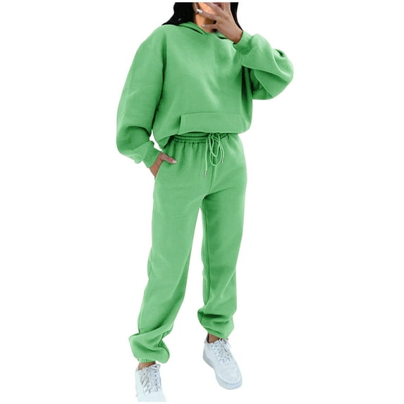 ZQGJB Women's Casual Two Piece Hoodie Sweatsuit Trendy long Sleeve Solid Color Pocket Hooded Sweatshirt Tops and Drawstring Long Pant Outfits Set Jogger Sport Tracksuit Mint Green L