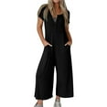 thumbnail image 1 of ZQGJB Women's Casual V Neck One Piece Jumpsuits Short Sleeve Wide Leg Romper Button Down Baggy Long Overalls Long Pants with Pockets Black M, 1 of 8