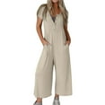 thumbnail image 1 of ZQGJB Women's Casual V Neck One Piece Jumpsuits Short Sleeve Wide Leg Romper Button Down Baggy Long Overalls Long Pants with Pockets Khaki XXL, 1 of 9