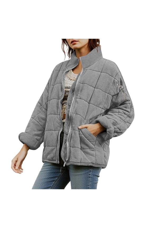 Women's Causal Lightweight Quilted Jackets Long Sleeve Oversized Soft Cotton Warm Winter Full Zip Up Thicked Outwear Coat with Pockets Gray L