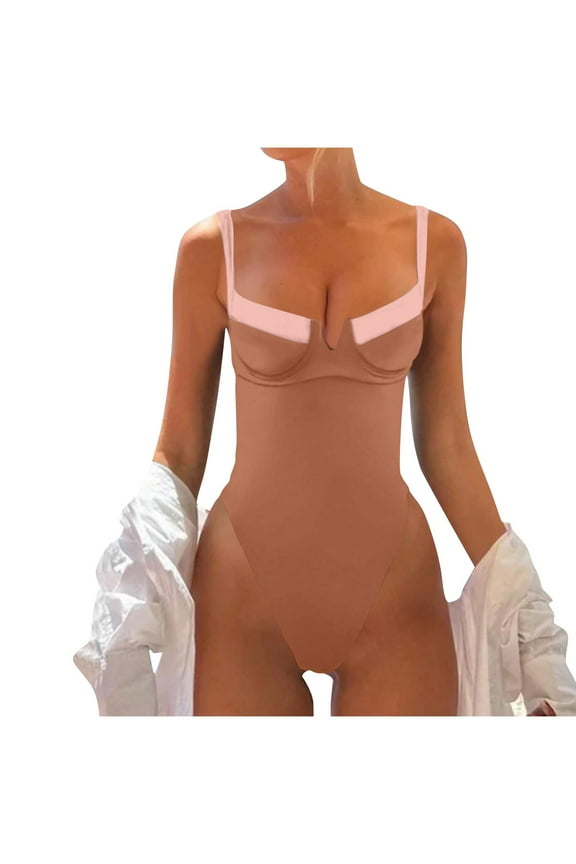 Women's Colorblock Notched V Neck One Piece Swimsuit Tummy Control Color Block Bathing Suit Swimwear Monokini(Coffee,XL)