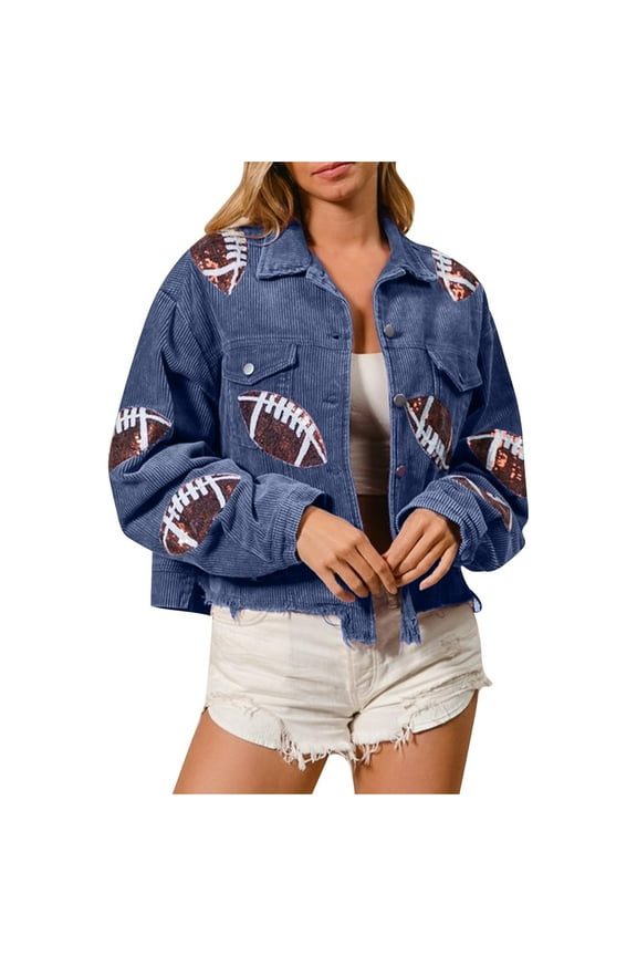 Women's Cropped Corduroy Jacket Casual Long Sleeve Football Pattern Printed Lapel Collar Short Button Raw Hem Jacket Coat with Pockets Blue M