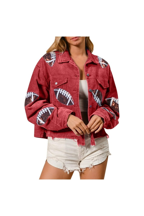 Women's Cropped Corduroy Jacket Casual Long Sleeve Football Pattern Printed Lapel Collar Short Button Raw Hem Jacket Coat with Pockets Red S