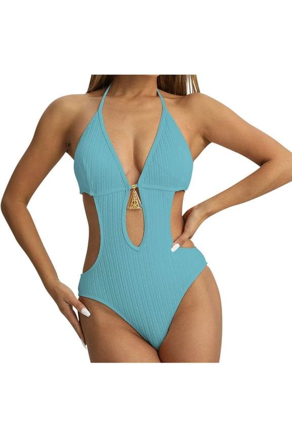 Women's Cut Out Ring Halter One Piece Swimsuit Monokini Swimwear Sexy Hollow out Summer Tummy Control Beach Swimwear(Blue,L)