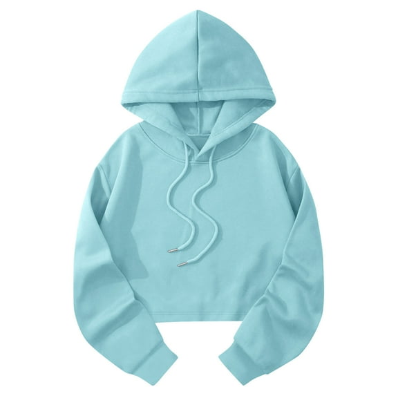ZQGJB Women's Drawstring Cropped Hoodie Lightweight Casual Fall Hoodies for Women Loose Workout Crop Tops Sweatshirt Long Sleeve Hooded Pullover Crop Top Light Blue S