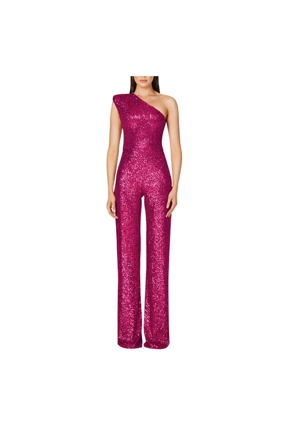 Women's Evening Sparkly Jumpsuits Strapless Off Shoulder Sleeveless Party Sequins Rompers Solid Color High Waisted Wide Leg Long Pants Suit Hot Pink M