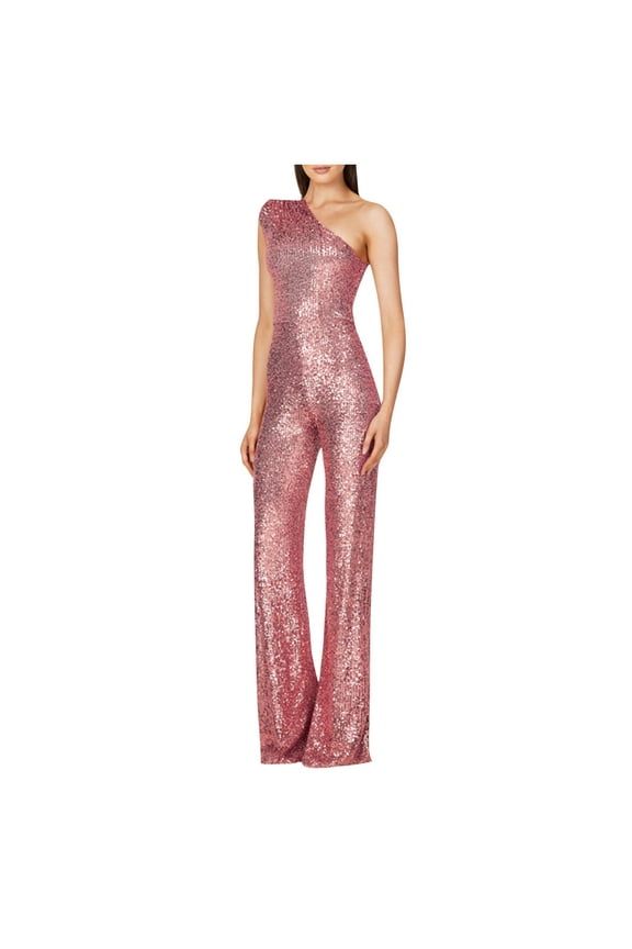 Women's Evening Sparkly Jumpsuits Strapless Off Shoulder Sleeveless Party Sequins Rompers Solid Color High Waisted Wide Leg Long Pants Suit Pink S
