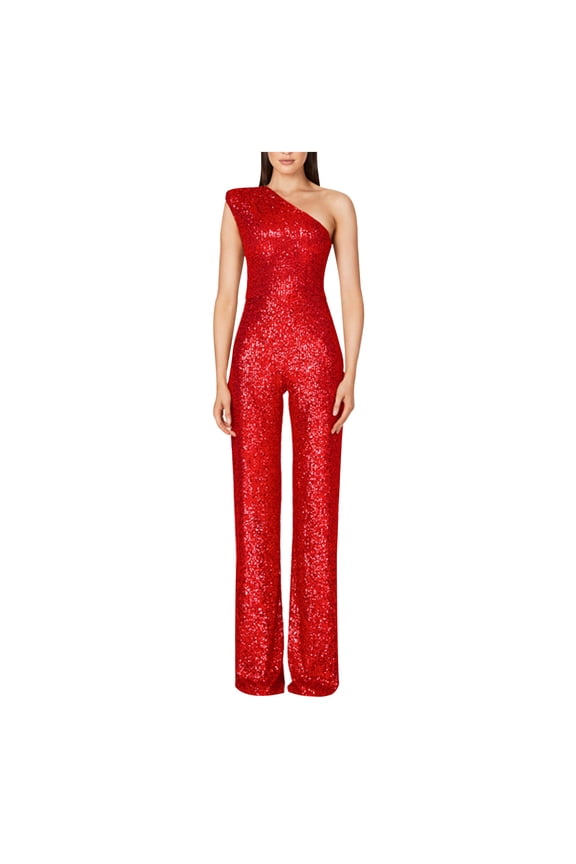 Women's Evening Sparkly Jumpsuits Strapless Off Shoulder Sleeveless Party Sequins Rompers Solid Color High Waisted Wide Leg Long Pants Suit Red XXL