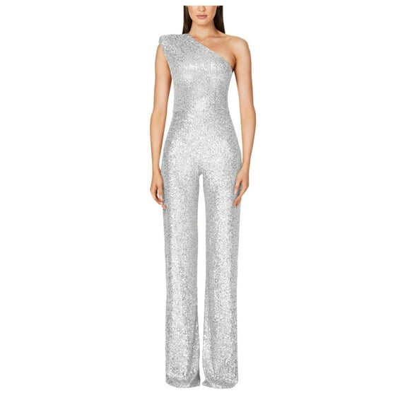 ZQGJB Women's Evening Sparkly Jumpsuits Strapless Off Shoulder Sleeveless Party Sequins Rompers Solid Color High Waisted Wide Leg Long Pants Suit Silver M