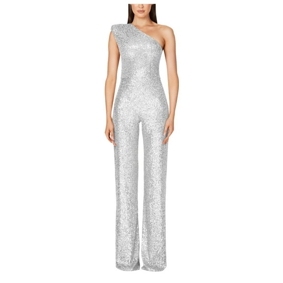 ZQGJB Women's Evening Sparkly Jumpsuits Strapless Off Shoulder Sleeveless Party Sequins Rompers Solid Color High Waisted Wide Leg Long Pants Suit Silver S