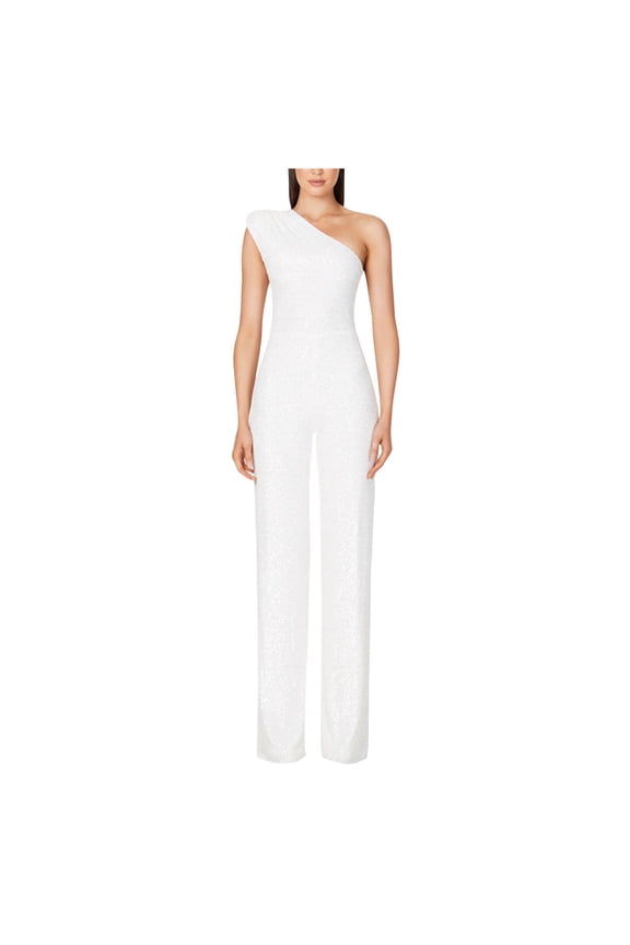 Women's Evening Sparkly Jumpsuits Strapless Off Shoulder Sleeveless Party Sequins Rompers Solid Color High Waisted Wide Leg Long Pants Suit White XL