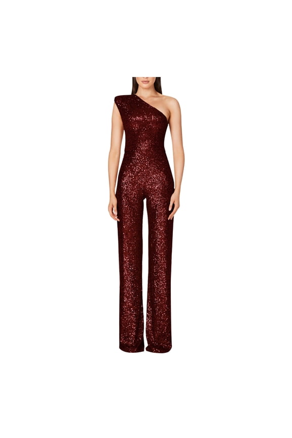Women's Evening Sparkly Jumpsuits Strapless Off Shoulder Sleeveless Party Sequins Rompers Solid Color High Waisted Wide Leg Long Pants Suit Wine S