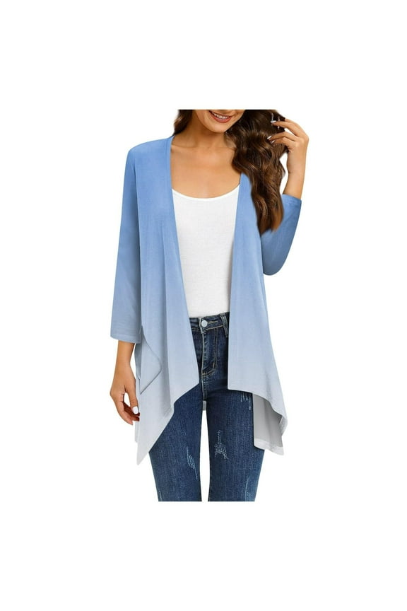 Women's Fall Open Front Cardigans Trendy 2023 Plus Size Gradient Color Printed Long Sleeved Irregular Hem Pleated Cardigan Sweaters Tops Blue XXL