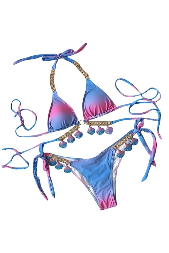 Women's Fashion Gradient Tie Dye Print Bikini Set Diamond String Split Swimsuit Two Piece Filled Push Up Padded Swimwear Beachwear(Purple,S)