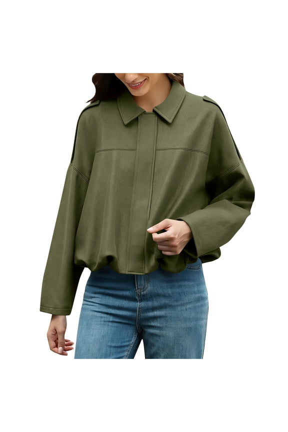 Women's Faux Suede Bomber Jacket Fashion Fall Spring Lapel Pilot Coat Casual Oversized Long Sleeves Trendy Y2K Streetwear Outerwear Army Green L