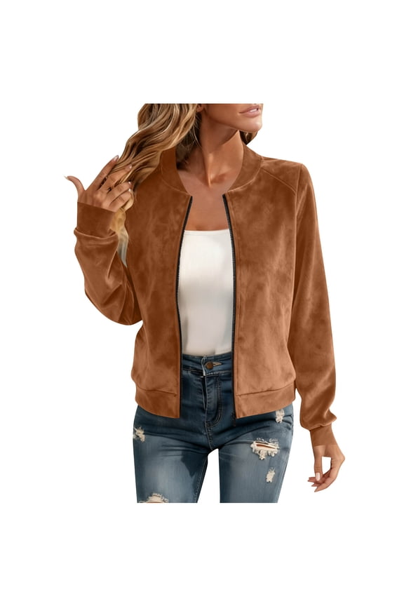 Women's Faux Suede Short Bomber Jacket Coat Lightweight Casual Fall Long Sleeve Stand Collar Windbreaker Full Zip Up Fashion Outerwear Tops Coffee M