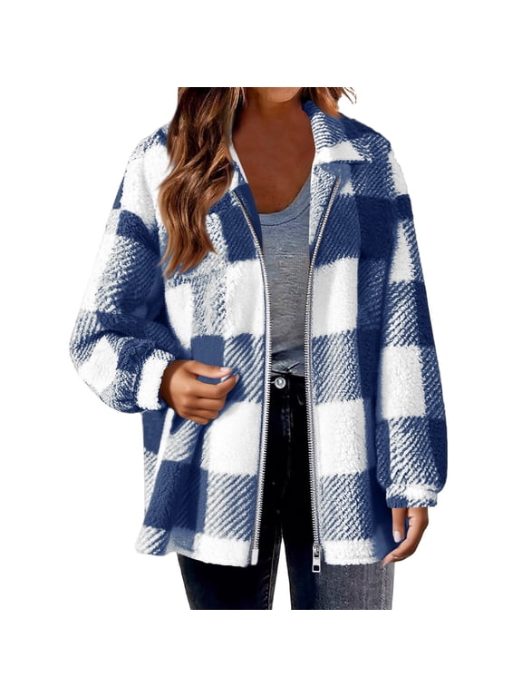 Women's Flannel Plaid Jackets Full Zip up Long Sleeve Open Front Cardigan Outwear Coat Loose Fit Casual Collaed Shacket Jacket Tops Blue L