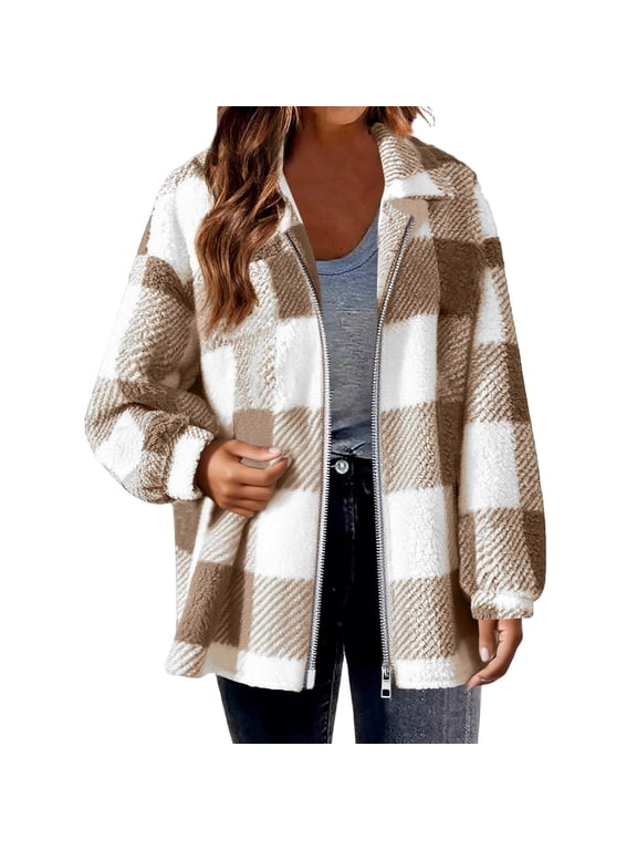 Women's Flannel Plaid Jackets Full Zip up Long Sleeve Open Front Cardigan Outwear Coat Loose Fit Casual Collaed Shacket Jacket Tops Brown M