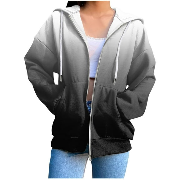 ZQGJB Women's Full Zip Up Hoodie Tops Fall Jacket Casual Tie Dye Gradient Print Long Sleeve Oversized Drawstring Hooded Sweatshirts with Pockets Gray M