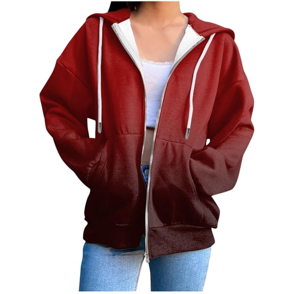 ZQGJB Women's Full Zip Up Hoodie Tops Fall Jacket Casual Tie Dye Gradient Print Long Sleeve Oversized Drawstring Hooded Sweatshirts with Pockets Wine XXL