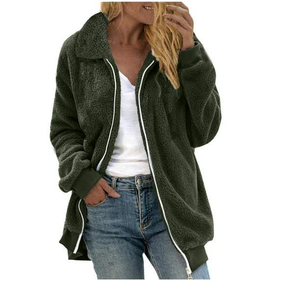 ZQGJB Women's Fuzzy Fleece Jacket Oversized Solid Color Full Zip up Sherpa Coat with Hood Winter Plush Thick Warm Shaggy Teddy Coats Long Sleeve Outerwear Army Green M