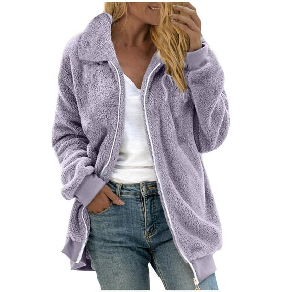 ZQGJB Women's Fuzzy Fleece Jacket Oversized Solid Color Full Zip up Sherpa Coat with Hood Winter Plush Thick Warm Shaggy Teddy Coats Long Sleeve Outerwear Purple M