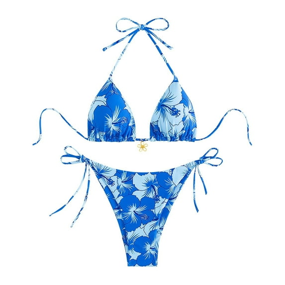 ZQGJB Women's Halter Tie Side Triangle Bikini Set Vintage Floral Printed High Cut 2 Piece Bikini Swimsuit Bathing Suit(Dark Blue,S)