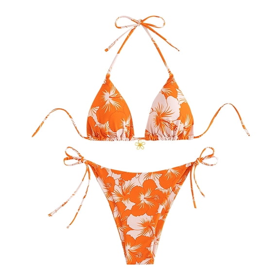 ZQGJB Women's Halter Tie Side Triangle Bikini Set Vintage Floral Printed High Cut 2 Piece Bikini Swimsuit Bathing Suit(Orange,M)