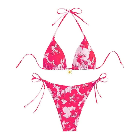 ZQGJB Women's Halter Tie Side Triangle Bikini Set Vintage Floral Printed High Cut 2 Piece Bikini Swimsuit Bathing Suit(Pink,L)