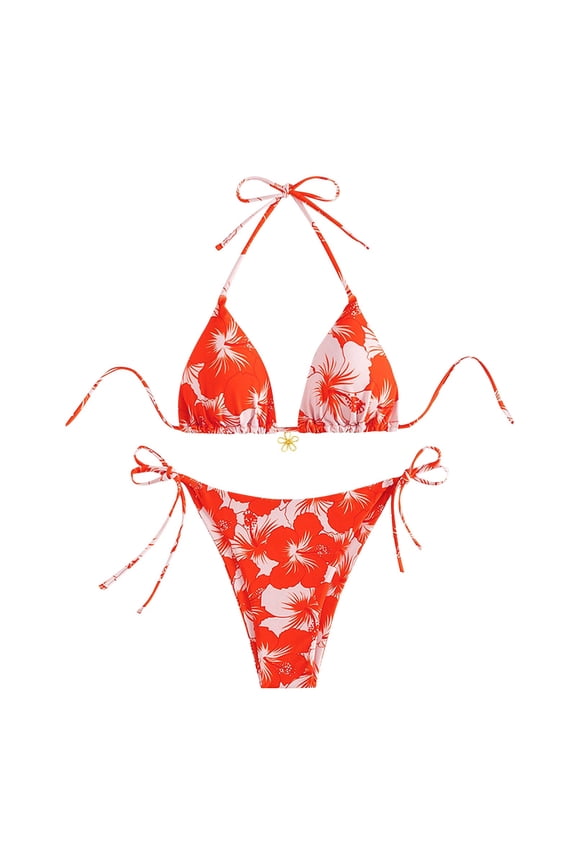 Women's Halter Tie Side Triangle Bikini Set Vintage Floral Printed High Cut 2 Piece Bikini Swimsuit Bathing Suit(Red,S)
